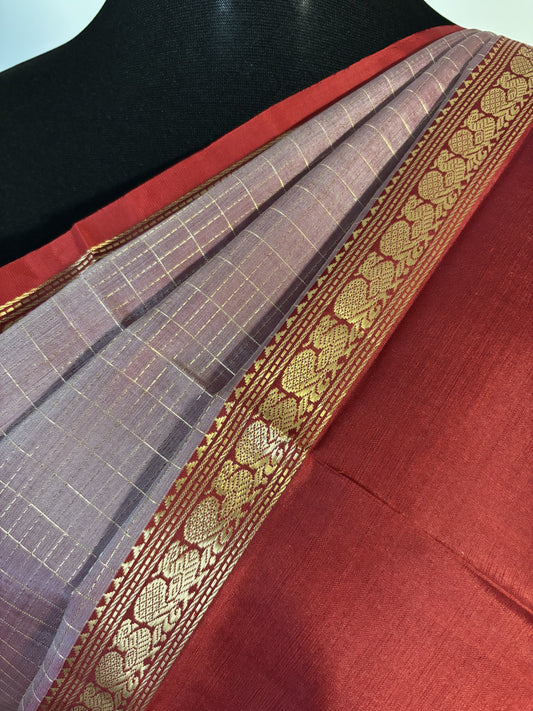 KS3436 - Smoky Mauve-Grey Kanchi Silk Saree with Brick Brown Border