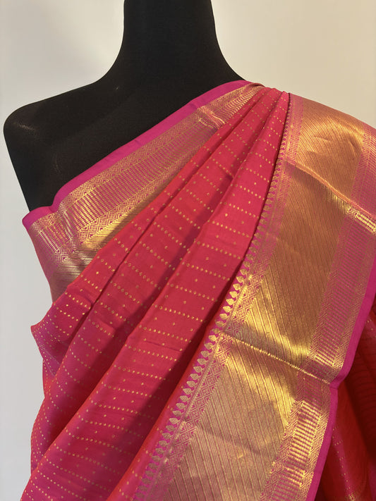 KS2826 - Self Magenta Kanchi Silk Saree with Fine Gold Zari Buttas