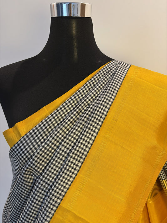 KS1126 - Black & White Checked Kancheevaram Silk Saree with Yellow Border