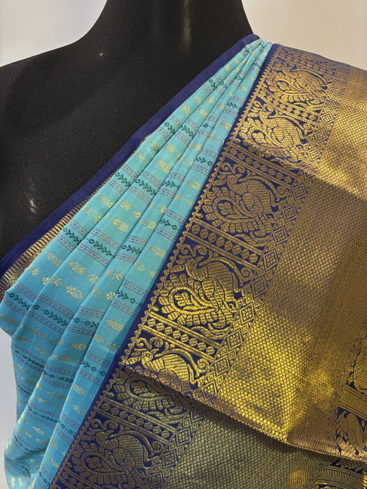KS3126 - Turquoise Blue Silk Saree with Gold Motifs and Peacock Zari Border