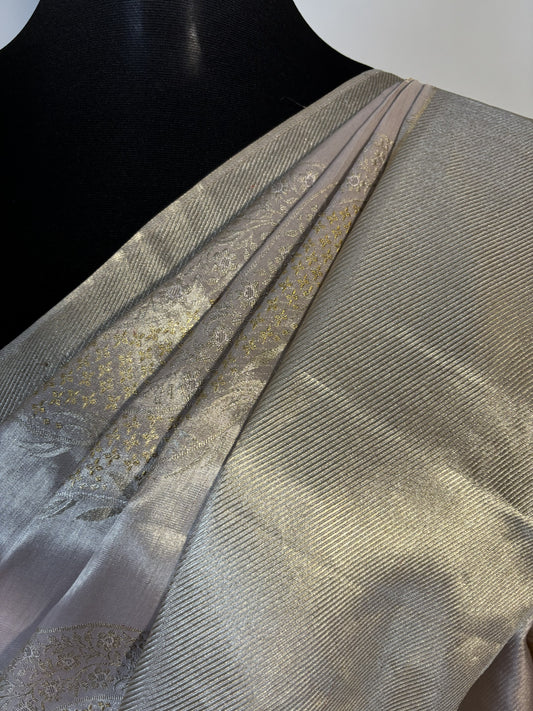 KS3326 - Ivory-Beige Kanchipuram Silk Saree with Gold & Silver Zari