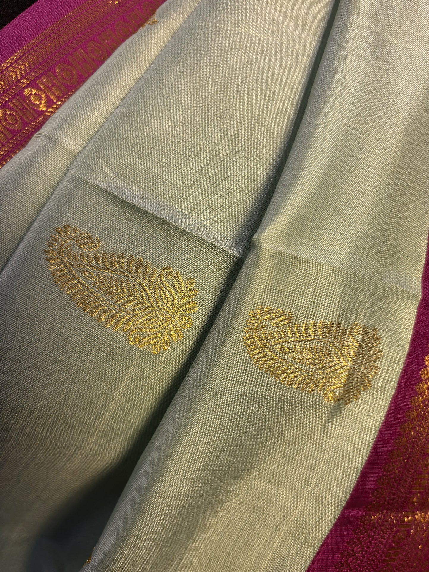 KS2726 - Pastel Green Kanchi Silk Saree with Gold Zari Buttas and Magenta Border