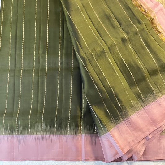 KS1526 - Kanjivaram Soft Silk Saree in Olive Green with Blush Pink Border