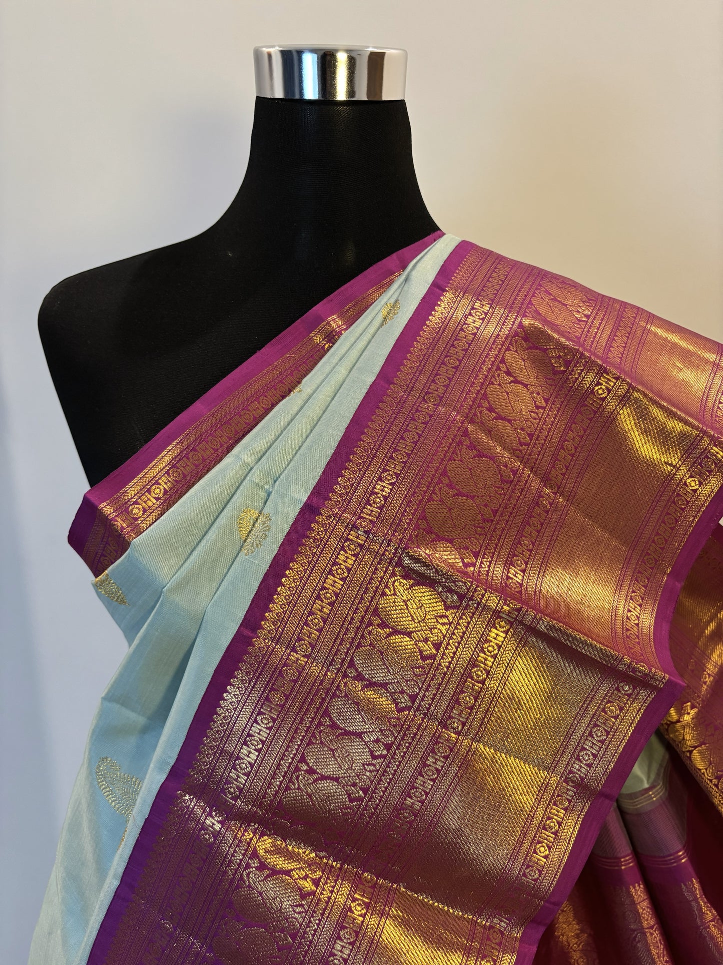 KS2726 - Pastel Green Kanchi Silk Saree with Gold Zari Buttas and Magenta Border