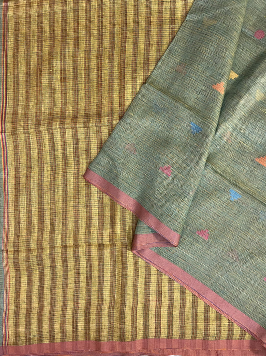 pure Linen Saree (GREEN)