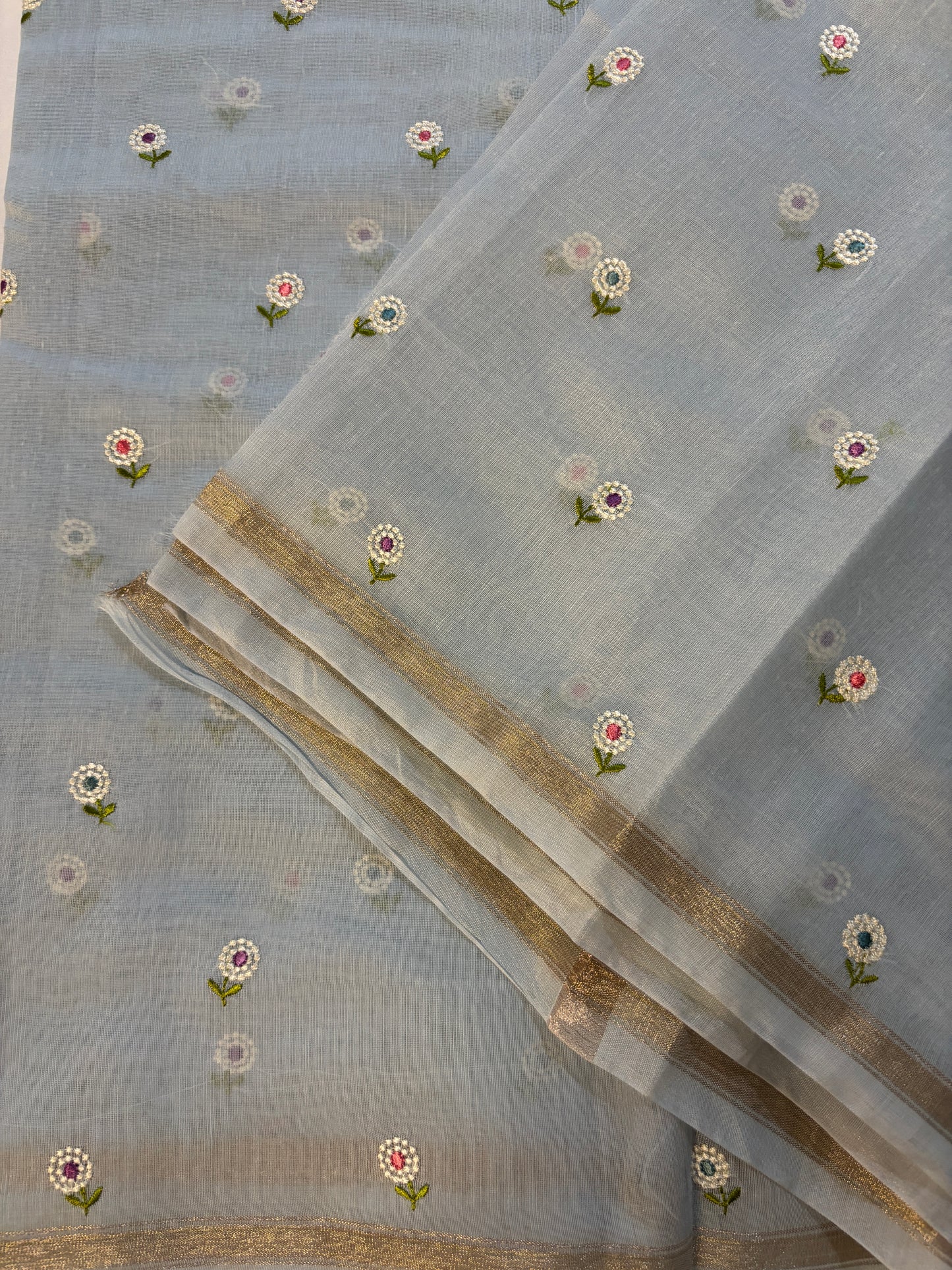 Cotton Embroidery Saree – powder blue