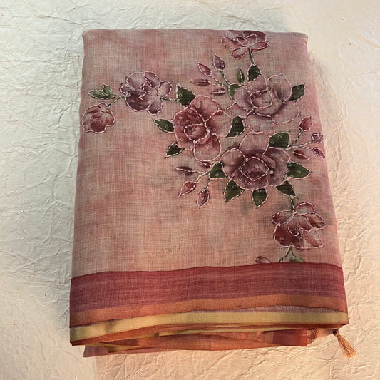 Pure Linen saree (PASTEL RED)